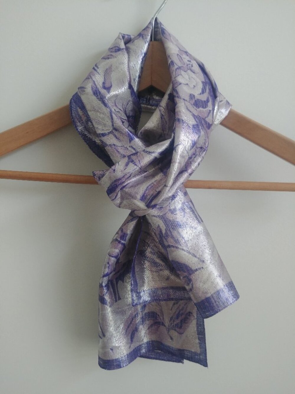 Metallic silky purple and ivory rose flower lightweight scarf